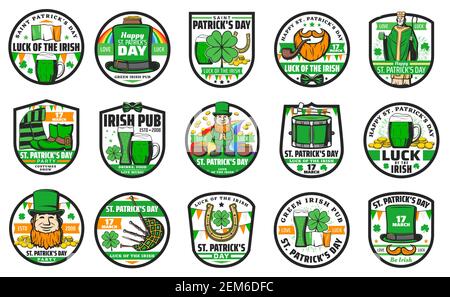 St Patricks Day Irish religion holiday vector icons. Leprechaun, shamrock clover leaf and hat, green beer, gold coins in pot and lucky horseshoe, oran Stock Vector