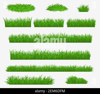 Green realistic grass borders set with colorful flowers and butterflies ...