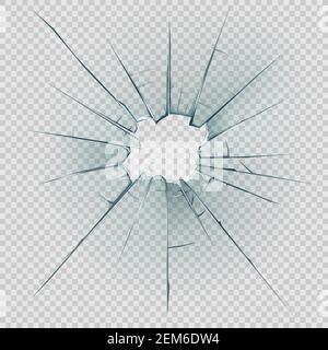 Broken, cracked or crashed glass vector design with realistic hole, shatters and cracks, sharp edges and fragments on transparent background. Damaged Stock Vector