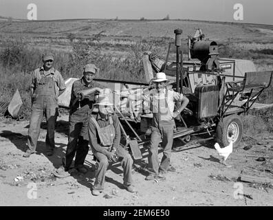 Stephen brothers. Joe, Jim, Eugene, Fred. All from Nebraska. All good farmers. Their combine purchased by FSA (Farm Security Administration) cooperators loan. Nyssa Heights district, Malheur County, Oregon, October 1939 Stock Photo