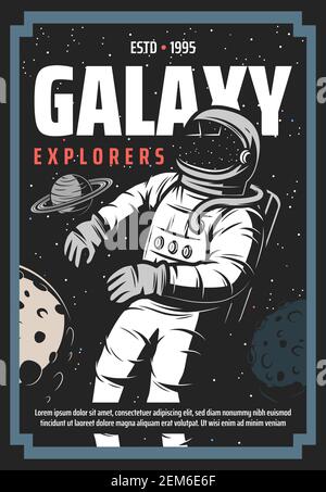 Astronaut in outer space, universe exploration retro poster. Cosmonaut galaxy explorer in spacesuit fly in weightlessness. Planets moon and mars explo Stock Vector