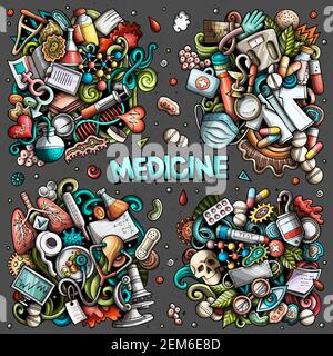 Medicine cartoon vector doodle designs set. Colorful detailed compositions with lot of medical objects and symbols. All items are separate Stock Vector