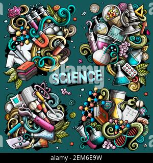 Science cartoon vector doodle designs set. Colorful detailed compositions with lot of scientific objects and symbols. All items are separate Stock Vector