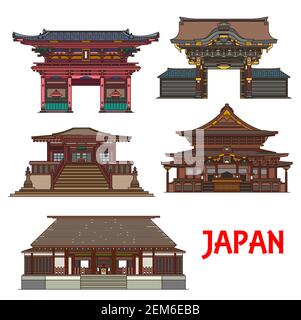 shinto japan shrine travel icons set vector. temple worship, asia ...