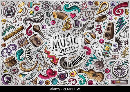 Colorful vector hand drawn doodle cartoon set of Music theme items, objects and symbols Stock Vector