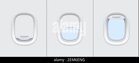 Plane or airplane windows realistic vector mockup of aircraft cabin interior design. Portholes with white plastic frames, closed and open blinds 3d te Stock Vector