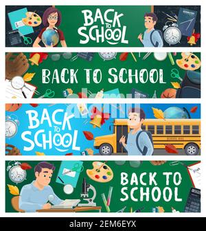 School education banners cartoon with pupil, teacher and school bus. Vector set of educational blackboards with back to school learning stationery, te Stock Vector