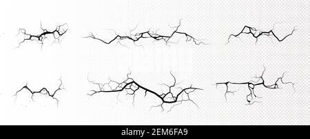 Ground cracks, horizontal breaks on land surface isolated on transparent background. Vector realistic set of fissure in ground, crevices from disaster Stock Vector