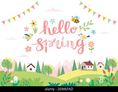 Hello spring card with lettering and cute landscape. Hand drawn flat cartoon. Vector illustration Stock Vector