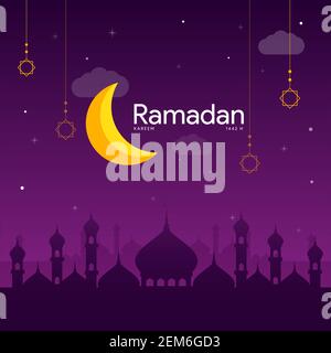 yellow crescent moon and ramadan kareem with clouds and stars in purple dark gradient background template simple and minimalist . vector islamic illus Stock Vector