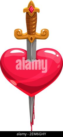 Sword in bleeding heart isolated tattoo design. Vector symbol of love stabbed by dagger Stock Vector