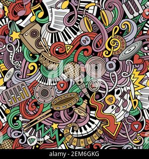 Music hand drawn doodles seamless pattern. Musical instruments background. Stock Vector