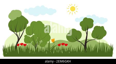 Vector illustration in trendy flat simple style. forest sunny summer landscape with flowers. Stock Vector
