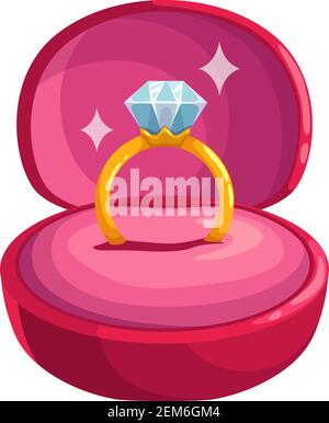 Engagement ring with big diamond gem in velvet box isolated. Vector Valentines day gift Stock Vector