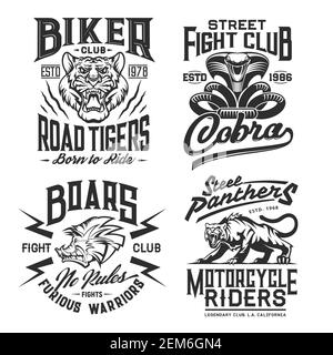 Tiger, panther, cobra and boar t-shirt print mockup with vector wild animals and snake. Biker or motorcycle riders and fight club custom apparel of ma Stock Vector