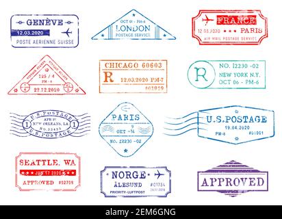 Airmail postage stamps with city and dates, vector icons. Post office delivery and customs approval stamps of London in Britain, Seattle and New York Stock Vector