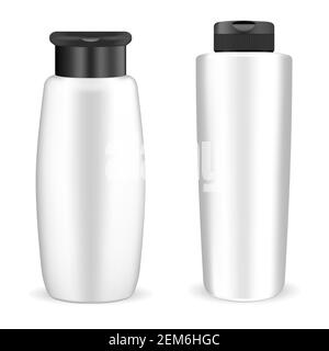 White plastic shampoo bottle. Lotion blank mockup. Body gel container template, 3d pack. Liquid soap bath packaging isolated on white background. Bath Stock Vector