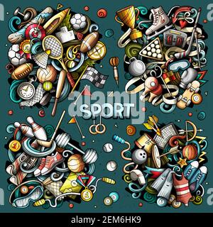 Sports cartoon vector doodle designs set. Stock Vector