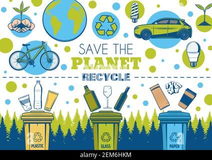 Save Earth and recycle vector design of ecology and environment. Recycling symbol, eco green planet and energy saving light bulbs, plant in hands, rec Stock Vector