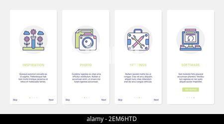 Creative art web content creation, design process vector illustration. UX, UI onboarding mobile app page screen set with line photo camera, computer equipment and software settings to create artwork Stock Vector