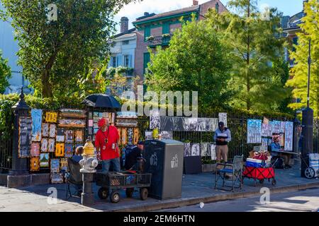 Street vendors selling art on Royal Street, New Orleans, Louisiana, USA Stock Photo