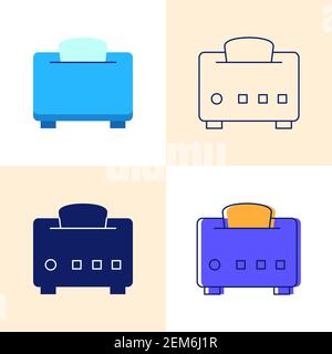 Toaster with bread icon set in flat and line styles. Kitchen appliance symbol. Vector illustration. Stock Vector