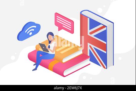 People learn language, education concept isometric vector illustration. Cartoon 3d tiny woman student character study, sitting on books stack with tablet or phone, learning English online background Stock Vector