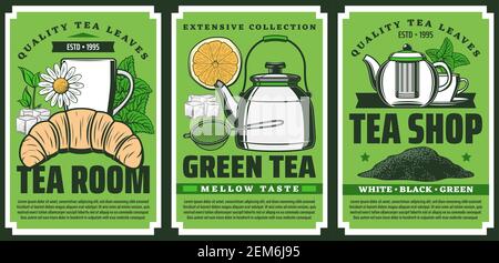 Tea shop vector vintage posters, premium quality green and black tea tastes. Chamomile and mint herbal tea in kettle pot with lemon, sugar and croissa Stock Vector