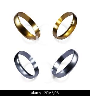 Set of gold and platinum wedding rings. 3D illustration. Couple of golden and silver rings. Vector Stock Vector