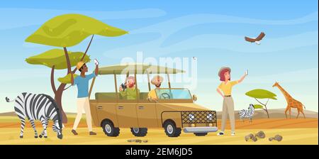 People in safari tour, savanna wild landscape vector illustration. Cartoon group of tourist characters make travel photo of wildlife on smartphone or camera, travelers drive car vehicle background Stock Vector