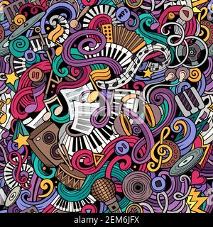 Music hand drawn doodles seamless pattern. Musical instruments background. Stock Vector