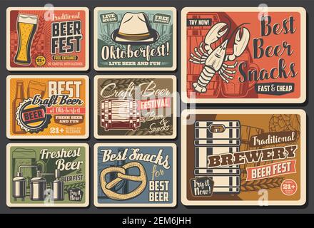 Oktoberfest beer festival pub alcohol drink vector retro posters. Mugs, glass and bottles of German fest craft beer, pretzel and brewery barrels of al Stock Vector