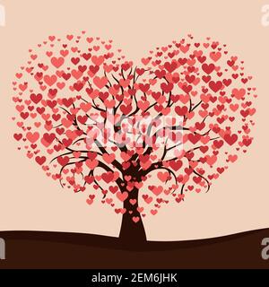 Realistic tree blooming with red hearts - Vector illustration Stock Vector