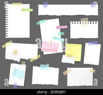 Paper notes vector isolated icons, memo messages and notepaper with adhesive sticker tapes. Blank paper memo notes of torn sheets from notebook, bookm Stock Vector