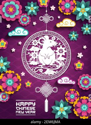 Happy Chinese New Year, 2020 mouse rat sign, clouds and flowers papercut pattern on purple background. CNY Chinese New Year greeting and ornaments in Stock Vector