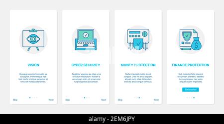 Cybersecurity, financial bank account protection, online banking vector illustration. UX, UI onboarding mobile app page screen set with line finance security services protect money, personal access Stock Vector