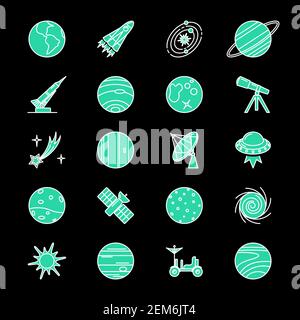 Space exploration icons collection in colored line style. Solar system planets, spaceship and other symbols isolated. Vector illustration. Stock Vector