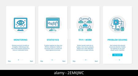 Seo optimization team work vector illustration. UX, UI onboarding mobile app page screen set with line teamwork to solve problems, monitor and analyze statistical web data, study traffic statistics Stock Vector