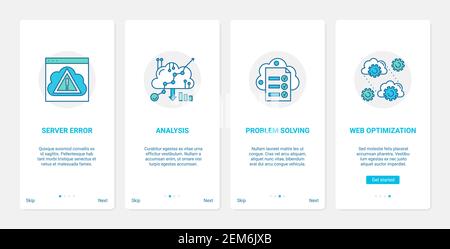 Cloud connection technology vector illustration. UX, UI onboarding mobile app page screen set with line system optimization, error analysis problem solving, optimizing service of server datacenter Stock Vector