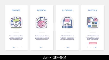 Science modern online research elearning technology vector illustration. UX, UI onboarding mobile app page screen set with line education scientific symbols with telescope discovery, computer learning Stock Vector