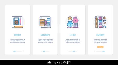 Shopping, financial account safe technology vector illustration. UX, UI onboarding mobile app page screen set with line budget and finance planning for purchases in shop, accounting and payment Stock Vector