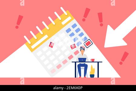 Deadline pressure, people work hard concept vector illustration. Cartoon employee character sitting at office table and working, manager planning with big press arrow and event calendar background Stock Vector