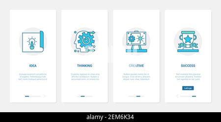 Business office work technology vector illustration. UX, UI onboarding mobile app page screen set with line abstract human head thinking, success teamwork, lightbulb successful idea symbols Stock Vector