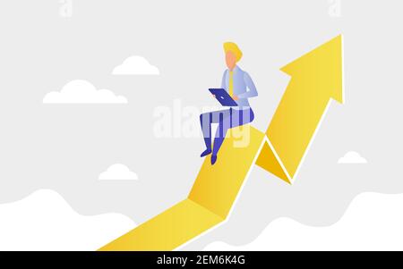 Financial investment, savings and business profit growth isometric vector illustration. Cartoon businessman sitting on arrow up chart with smartphone, tablet, finance data diagram analysis background Stock Vector