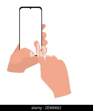 hand holds smartphone, finger presses on white blank screen mock up. isolated vector illustration Stock Vector