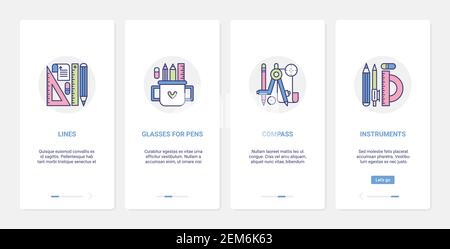 Stationery supplies for school or office vector illustration. UI, UX onboarding mobile app page screen set with line equipment for paper work, collection of pencils in glass, compass measuring tools Stock Vector