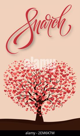 Realistic tree blooming with red hearts, congratulations on March 8 - Vector illustration Stock Vector
