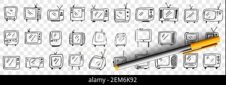 Old fashioned television set doodle set. Collection of hand drawn vintage retro styles television sets with antennas and buttons isolated on transparent background Stock Vector