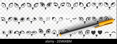 Cats eyes and noses doodle set. Collection of hand drawn cute funny eyes nose mouth faces of cats kittens in sketch manner isolated on transparent background Stock Vector