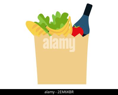 delivered paper bag with fresh food from the supermarket isolated. flat vector illustration Stock Vector